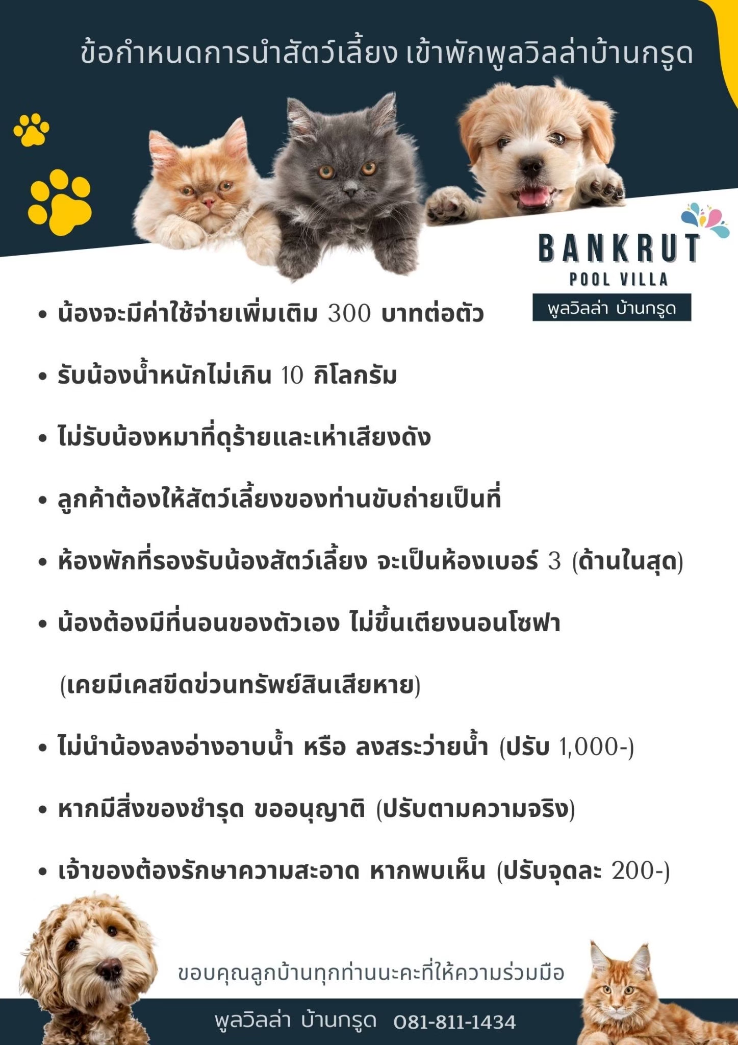 เงื่อนไขการนำสัตว์เลี้ยงเข้าพัก BanKrut Pool Villa